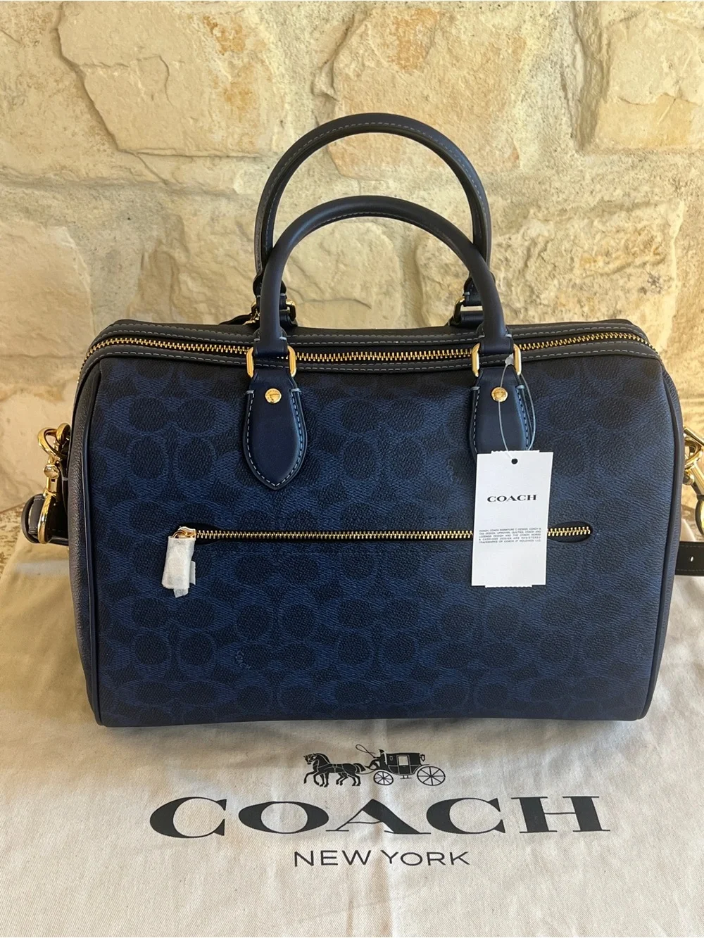 Coach Navy Signature Duffel Bag with Gold Hardware